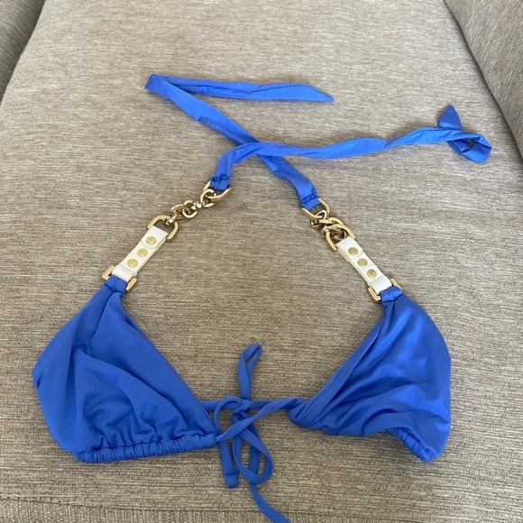 Beach bunny bronze leather and gold chain triangle top bikini size large blue - Picture 4 of 15